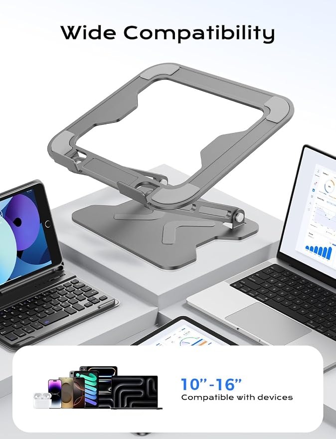 JCZT Adjustable Laptop Stand for Desk, Metal Foldable Laptop Riser, Grey | Ergonomic Portable Laptop Stand, Ventilated Cooling Computer Notebook Holder for MacBook Air Pro, All 10-16'' Laptops - Image 5