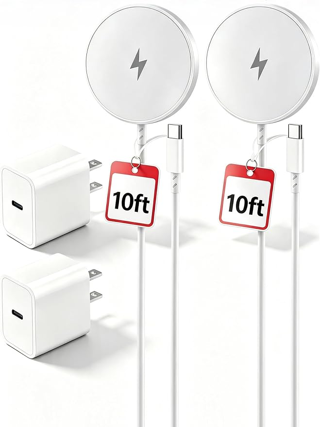 Magnetic Wireless Charger for Apple iPhone 17/16/15/14/13/12/11/AirPods, 2-Pack Fast Charging Long Cable 10ft Magnet Pad & 2-Pack Type-c Charger Block, White | 2Pack Magnetic Wireless Charger 15W Pad 10 ft Long Cord for iPhone 17/16/15/14/13/12,20W Ada... by Unknown