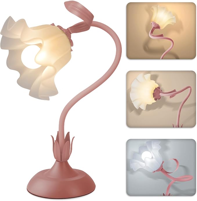 Women Bedside Table Lamps for Bedroom, Cute Flower Desk Lamp with Adjustable Flexible Gooseneck, 3 Color Temperatures Nightstand Lamp with E26 LED Bulbs, Floral Lamp for Living Room, Office,Reading by Larnix