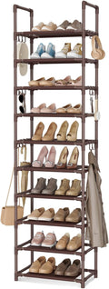 VTRIN 10 Tiers Tall Shoe Rack Holds 20-25 Pairs of Shoes Sturdy Vertical Shoe Organizer with 18pcs Hooks Stackable Narrow Shoe Rack for Closet, Entryway Brown by VTRIN