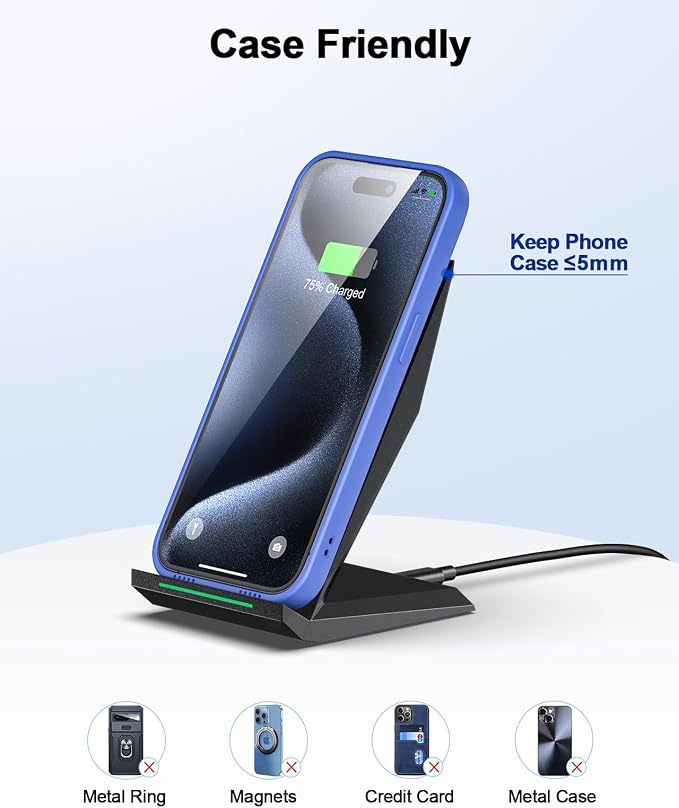 NANAMI Fast Wireless Charger, Wireless Charging Stand | Compatible iPhone 17/17 Air/16/15/15 Pro/15 Pro Max, Nightstand Phone Charger Dock for Samsung Galaxy S26/S26+/S25/S24 - Image 5