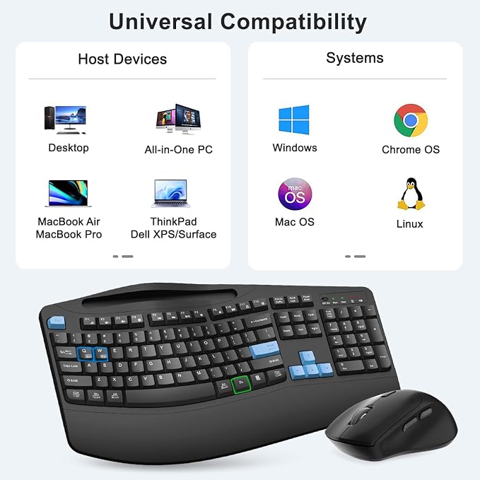 Wireless Keyboard and Mouse Combo, Full Size Ergonomic Wave Keys(Blue) | 2.4G Ergonomic Keyboard with Wrist Rest, Phone Holder, 3-Level DPI Silent Mouse with 6-Buttons, for Windows/Mac OS/Laptop/PC - Image 8