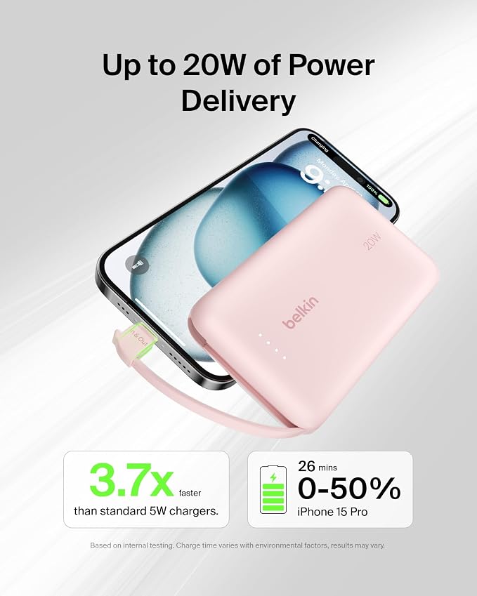 Belkin 10000mAh 20W USB C Power Bank, Portable Charger for iPhone & iPad | Fast Charging, Integrated USB C Cable, Eatra USB C Port, iPhone 17, iPad, Samsung Galaxy S26, Charge 2 Devices - Image 5