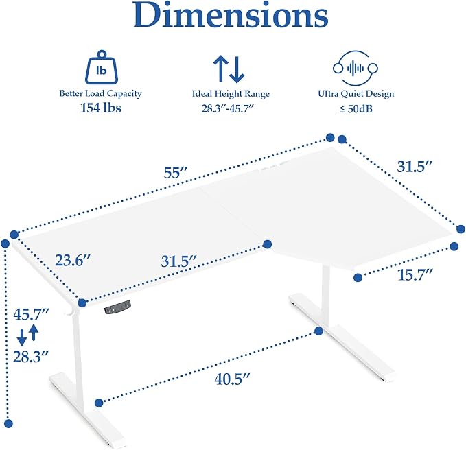 Klicelor L Shaped Standing Desk 55 x 31.5 Inch, Electric Height Adjustable Corner Desk for Home Office Workstation, Ergonomic Sit Stand Computer Table with Memory Controller, White - Image 3