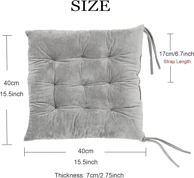 6 Pack Square Seat Cushion Chair Pads for Kitchen Dining Chairs, Soft Comfort Velvet Chair Mat Pillow Cushions with Ties for Office Desk Living Room Tatami 15.5", Gray - Image 2