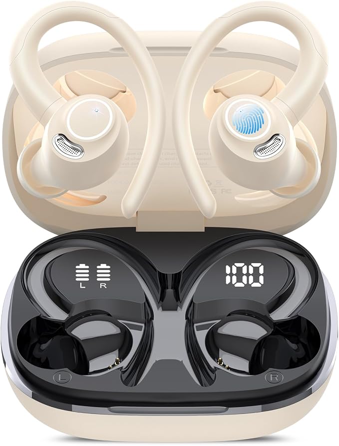 Wireless Earbuds, Bluetooth 5.4 Headphones Sport Over Ear Buds with ENC Mic | Noise Cancelling ,48H,Wireless Earphone With Earhooks, Stereo Deep Bass, IP7 Waterproof ear bud for Workout Running,Off White by Jesebang