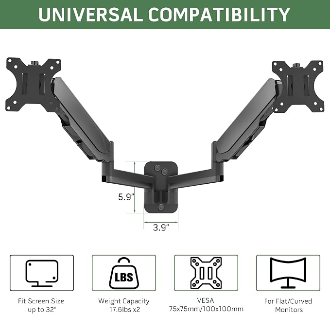UPGRAVITY Dual Monitor Wall Mount for Two 17-32 inch Flat Computer Screens | Height Adjustable Gas Spring Double Monitor Wall Mounted Bracket Arms Hold up to 17.6lbs, VESA 75/100mm - Image 2
