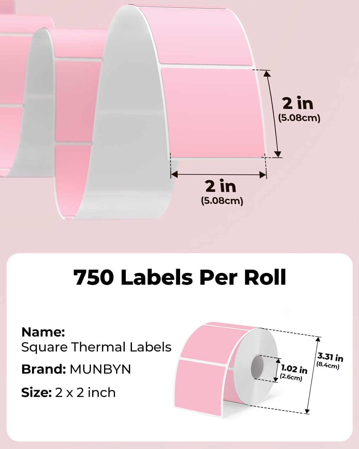 MUNBYN 2x2 Thermal Labels, 750 Sheets/Roll, Pink - Image 2