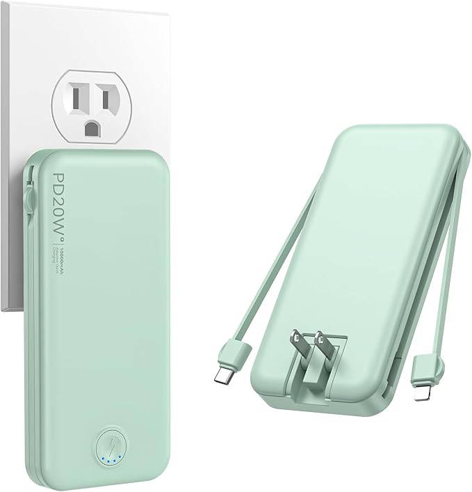 Nusyddy Portable Charger 10000mAh Fast Charging w/Built-in Wall Plug Green | PD20W Fast Charging, LED Indicator, Pass Through Charging, TSA Approved, Compact/Slim, Power Bank for iPhone/iPad/Samsung by NUSYDDY