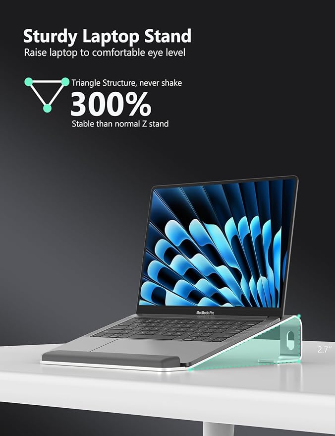 JCZT Aluminum Laptop Stand, Laptop Riser with Wrist Rest, Silver | Ergonomic Detachable Portable Laptop Stand for Desk, Notebook Holder Compatible with MacBook Air Pro, All 10-17'' Laptops - Image 3