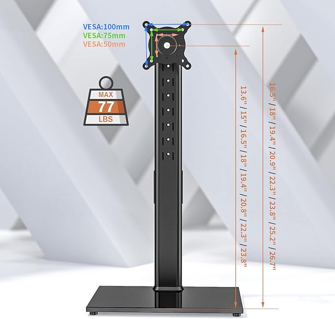Single Monitor Stand Freestanding 27-43 Inch Monitor Arm Curved Screen Monitor Mount Tempered Glass Base Adjustable Motion Tilt -15° to 10° Swivel ±45° Rotation 360° Weight Capacity 77lbs HT05B-003 - Image 6