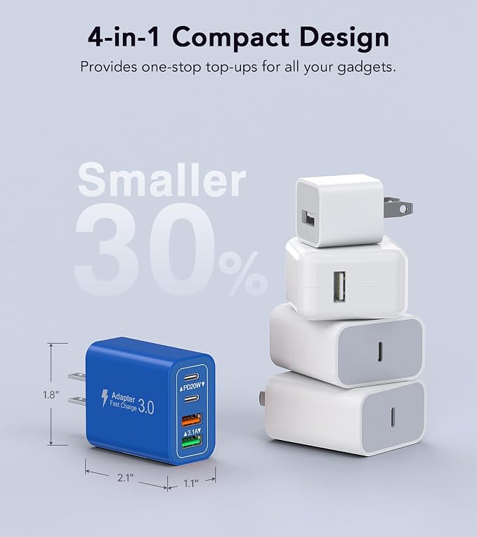[2-Pack] 40W USB C Charger Block, 4-Port Type C Fast Charging Brick Dual PD&QC Wall Plug Adapter Power Brick for iPhone 13/14/15/16/17/Pro/Pro Max/Plus/iPad/Airpods/iwatch/Samsung Galaxy (Blue) - Image 5