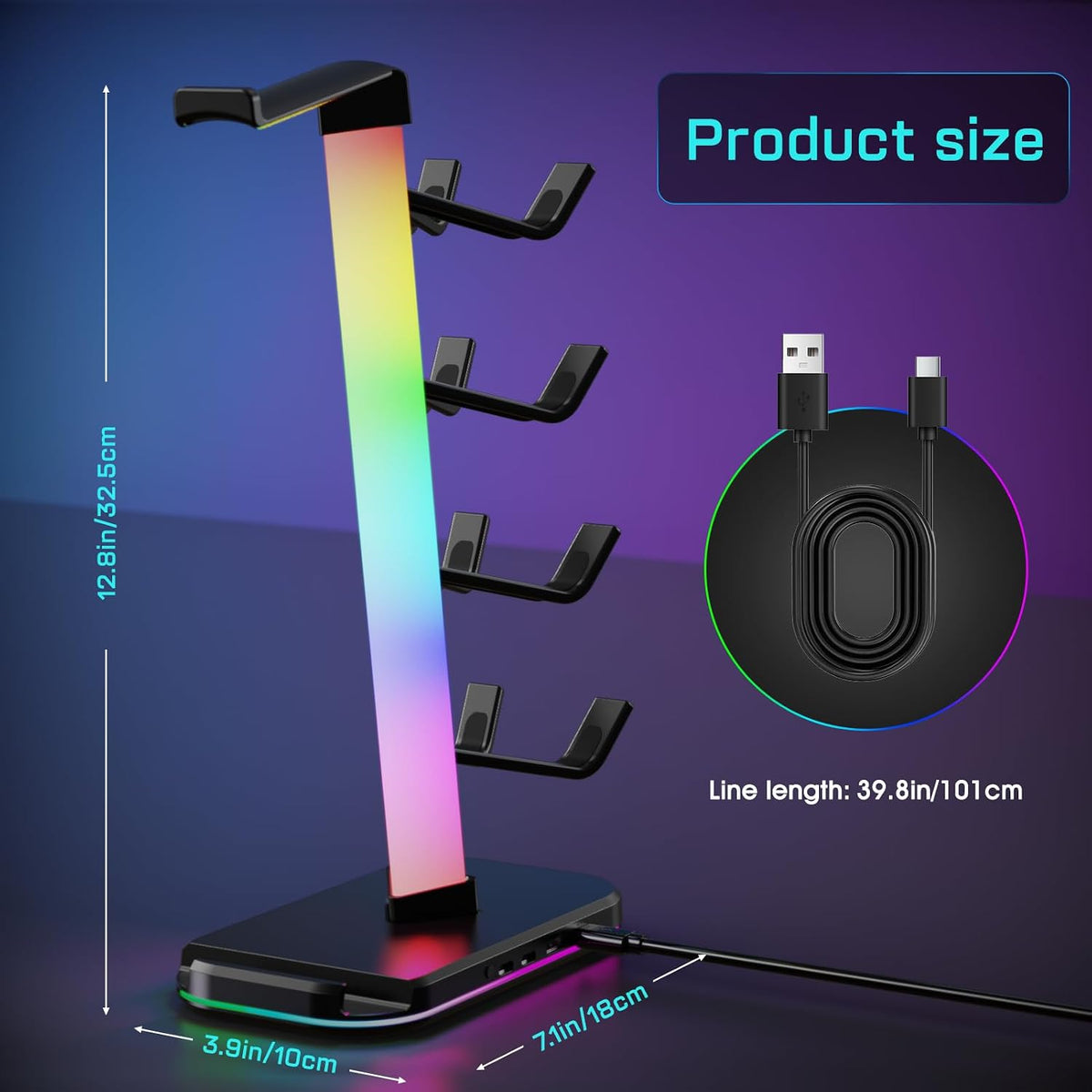 Gaming Headphones Stand with Charging Station, RGB Headset Stand with 10 Light Modes, 4 Controller Holder with 1 USB & 2 Type-C Charging Ports - Earphone Hook for PC Desktop Gamer Accessories Storage - Image 5