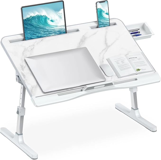 HETTHI Laptop Bed Desk, Adjustable Laptop Lap Desk with Drawer, X-Large Foldable Bed Table Tray for Bed Couch Floor Desk Writing Working Reading Eating Painting (Marble, 23.6"×15.7") by HETTHI