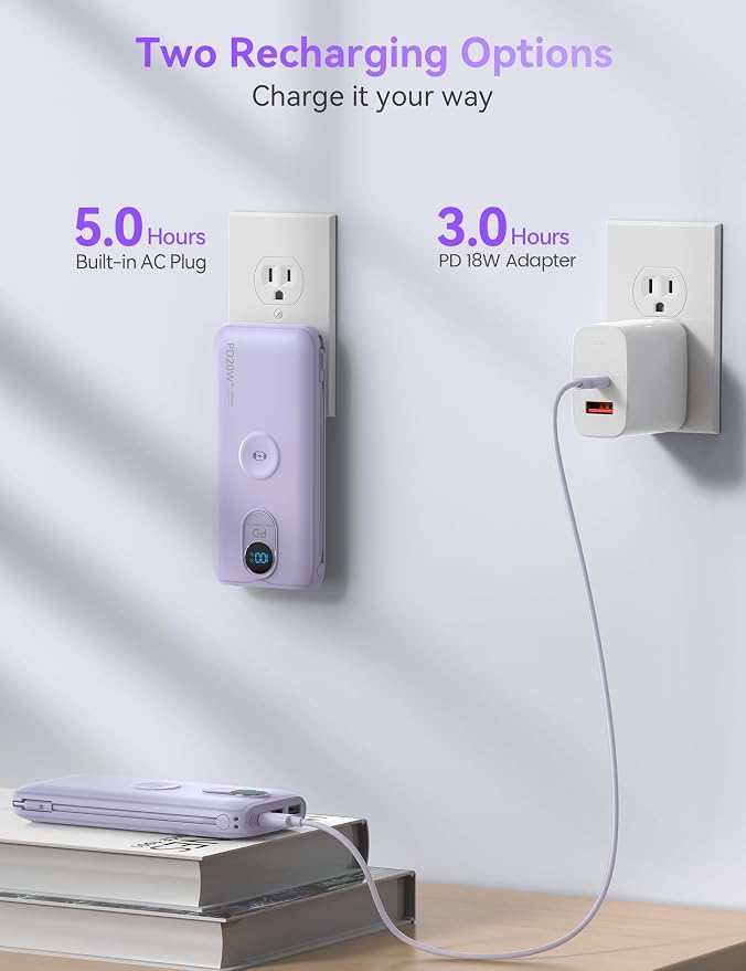 Portable Charger Power Bank 10000mAh PD20W w/Built-in Cables & AC Plug | Portable charger iphone,Fast charging, Built-in wall plug, LED display, Charge 6 devices at once, Pass through charging - Image 6