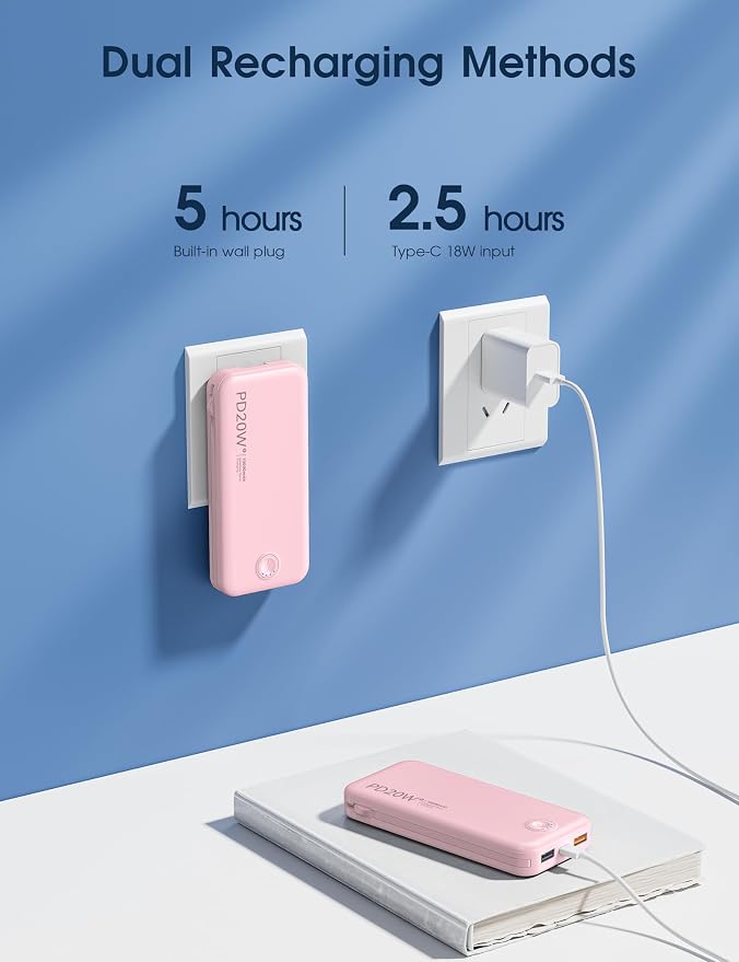 Nusyddy Portable Charger 10000mAh Fast Charging w/Built-in Wall Plug Pink | PD20W Fast Charging, LED Indicator, Pass Through Charging, TSA Approved, Compact/Slim, Power Bank for iPhone/iPad/Samsung - Image 7