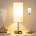 Bedside Table Lamp for Bedroom Nightstand - Small Desk Lamp with USB Ports | USB A+C Ports, 3 Color Temperatures, LED Bulb Included, Linen-Fabric Lampshade, Wood Grain Base, 14" Tall Desk Lamp by PartageiZ