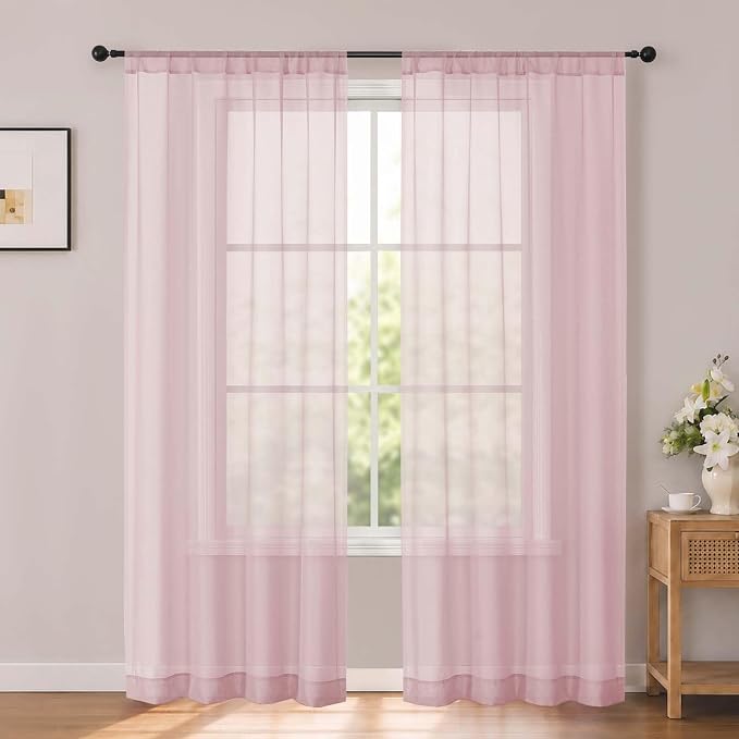 Blush Sheer Curtains 84 inches Long for Living Room 2 Panels Set | Sheer White Curtains for Bedroom, Rod Pocket Airy Light Filtering Window Treatments, 2pcs, Each Panel 42" Width x 84" Long by OWENIE