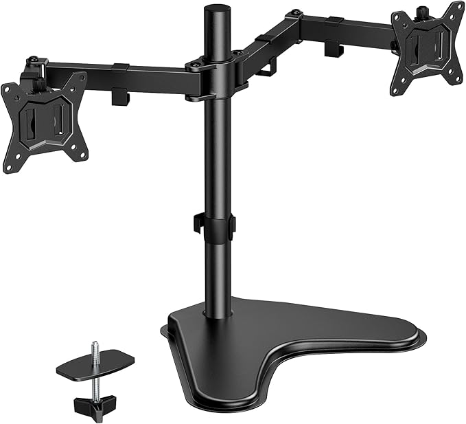 HUANUO 32 inches Dual Monitor Stand up to 17.6lbs per Arm, High-Grade Aluminum Free Standing Dual Monitors Mount for 2 Screens. Fully Adjustable Dual Monitor Stand for Desk with Tilt, Swivel, Rotation by HUANUO