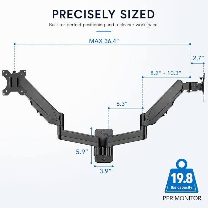 Mount-It! Dual Monitor Wall Mount Bracket - Double Computer Monitor Wall Mount With Two Height Adjustable Full Motion Arms Tilt up to 17" - 32" Inch Screens with 75, 100 VESA Patterns, 19.8 Lb Per Arm - Image 8