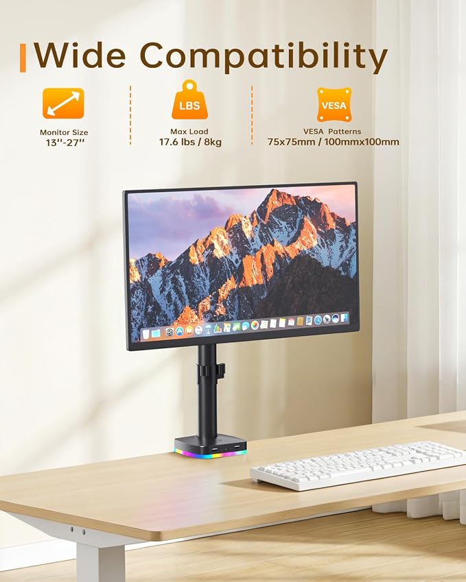 Afaloona RGB Monitor Stand with USB Hub for 13-27" Monitors, up to 17.6 lbs | Single monitor mount with 1 USB-C and 2 USB-A ports supports charging and data transfer for gaming desks and workstations - Image 5