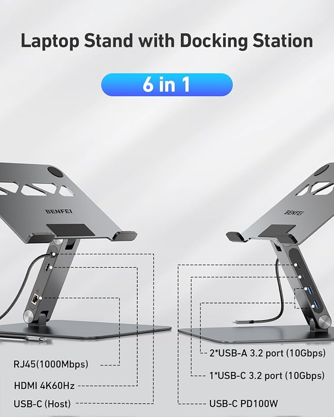 BENFEI Laptop Stand with USB C 6in1 Docking Station, HDMI 4K@60Hz,Gigabit Ethernet, 100W Power Delivery, 10Gbps 1*USB C 3.2 and 2*USB A 3.2 Compatible with MacBook Pro/Air, iPad Pro, XPS, Thinkpad - Image 2