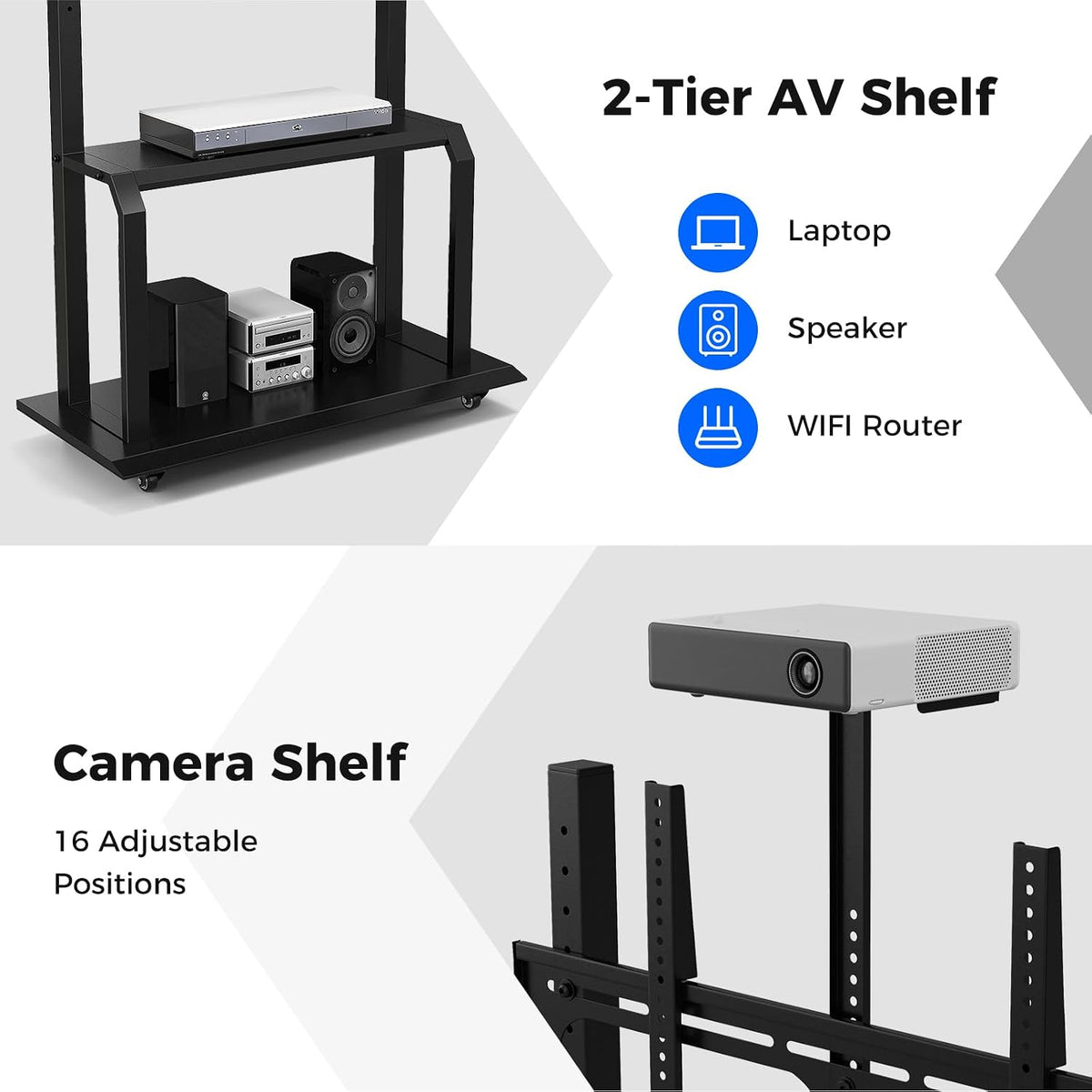 Goplus Mobile TV Stand, Rolling TV Cart with Camera Shelf & AV Shelves, Adjustable Media Console Cart for 32”-80” Flat/Curved TVs up to 132 lbs, Max VESA 900 X 600 mm, TV Mounting Screws Included - Image 4