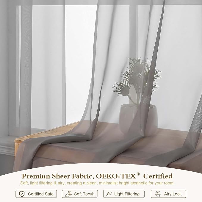 Charcoal Grey Sheer Curtains 96 Inches Long 2 Panels 52" Wide | Elegant Airy Sheer Curtain for Living Room Bedroom, Light Filtering Window Treatments, Rod Pocket, 2pcs Each 52" W x 96" L - Image 3