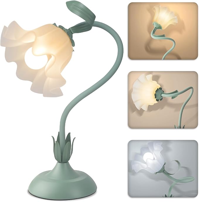 Women Bedside Table Lamps for Bedroom, Cute Flower Desk Lamp With Adjustable Flexible Gooseneck, 3 Color Temperatures Nightstand Lamp with E26 LED Bulbs, Floral Lamp for Living Room, Office ,Reading by Larnix