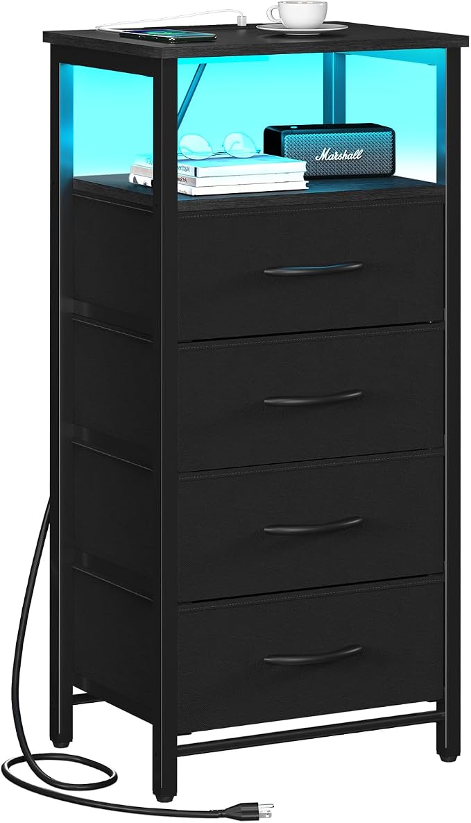 Yoobure Night Stand - Black Nightstand with Charging Station, Small Dresser | Bedside Table with 4 Fabric Drawers and Storage Shelf, LED End Table, Vertical Dressers with USB Ports and Outlets by Yoobure