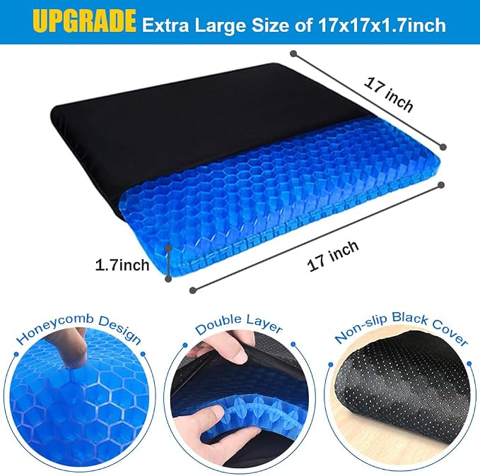Gel Seat Cushion for Long Sitting, Extra Large Gel Cushion for Pain Relief | 17x17inch Large Office Seat Cushion, Breathable Wheelchair Cushion Chair Pads - Relieve Sciatica, Tailbone, Coccyx & Hip Pain - Image 3