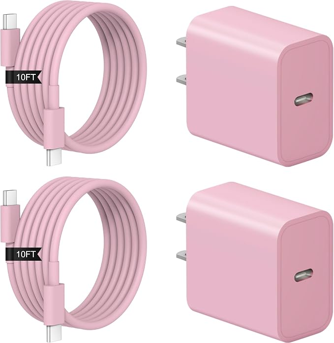 iPhone 17 16 15 Charger Fast Charging 2+2Pack 20W USB C Wall Charger with Extra Long 10FT Fast Charging Cable Compatible with iPhone 17/17 Air/17 Pro/17 Pro Max/iPhone 16/15 Series, iPad Pro -Pink by Coreykin