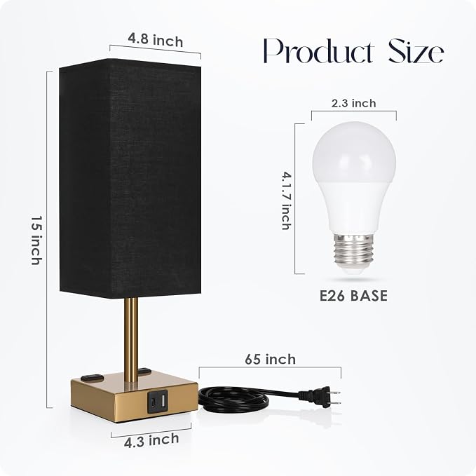 Bedside Lamp with USB Ports - Touch Control Table Lamp for Bedroom with USB C+A Charging Ports & AC Outlets, 3 Way Dimmable Nightstand Light for Living Room (LED Bulb Included, Brass - Black) - Image 8