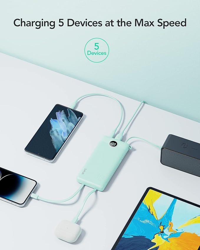 VRURC Portable Charger Power Bank, Built-in 4 Cables & 2 Ports 10000mAh | LED Display Slim Battery Pack,Compact Travel Essential Portable Phone Charger 5 Output for Multi Devices,Student/Teens(1Pack) - Image 4