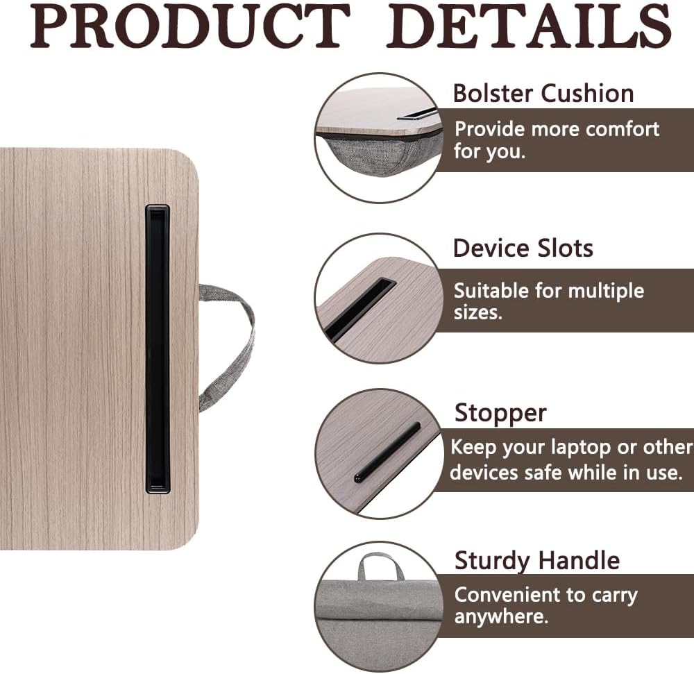 Portable Laptop Desk Fits Up to 16“ Laptops, with Tablet Slot, Built-in Cushion, Great for Home & Office,Lap Desk with Cushion (Walnut, Medium) - Image 5