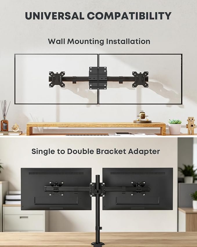 Dual Monitor Wall Mount fits 13-27 Inch, Single to Double Bracket Adapter | Ultra-Slim Wall Gap, Horizontal Assembly, Max 22lbs Per Arm, VESA 75x75/100x100mm, Black - Image 2