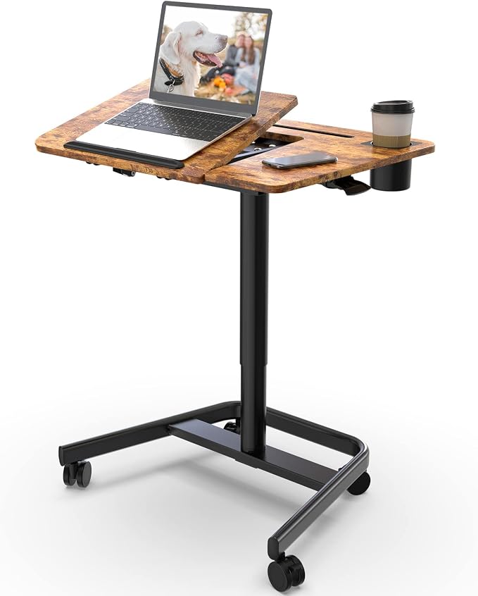 JOY worker Mobile Sit Stand Desk, 60° Tiltable Portable Desk, Rustic Brown | Pneumatic Height Adjustable Cart, Rolling Sit Stand Desk with Wheels & Cup Holder for Office Home School, Holds Up to 22lbs by JOYworker