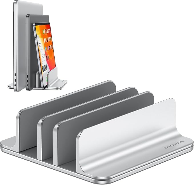 OMOTON 3-Slot Multiple Vertical Laptop Stand, Fits MacBook, Bright Silver | Adjustable Width 0-1.38", Aluminum Office Space-Saving for Desk, Fits MacBook/Book/iPad Up to 17.3in by OMOTON