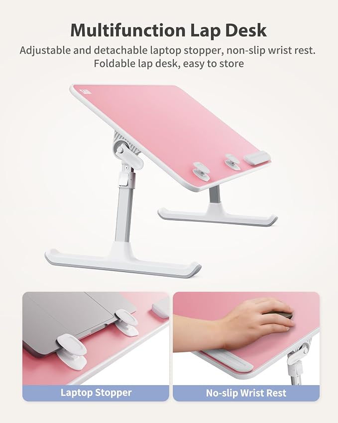 SAIJI Height & Angle Adjustable Laptop Stand for Bed, Lap Desk Tray Table | Light Weight Foldable Portable Laptop Table for Couch Sofa Chair Floor Desk for Adults, Kids (Pink) - Image 4