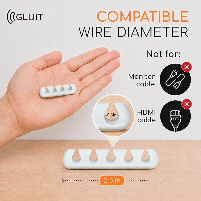 Cord Organizer for Desk, Nightstand Cable Holder, 20 Pack, Multislot, White | GLUIT Adhesive Charger Organizer, Cable Management for Desk Car Office Home College Dorm Room Cable Clips for Cords - Image 4