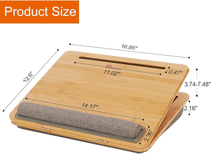 Adjustable Bamboo Lap Desk with Cushion - 5 Tilting Angles Ergonomic Laptop Bed Tray for Computers 15 inches or Less, Phone & Tablet Holder Slot, Dual Bolster for Comfort on Couch, Bed, Sofa & Car - Image 5