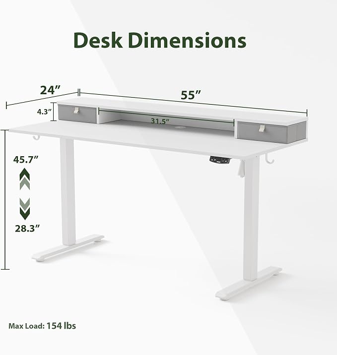 Agilestic 55 * 24 Inch Electric Standing Desk with Drawers, White | Electric Height Adjustable, 2 Storage Drawer, Monitor Stand, Sturdy Steel Frame, Memory Presets, Hooks, 154 lbs, Splice Board - Image 3