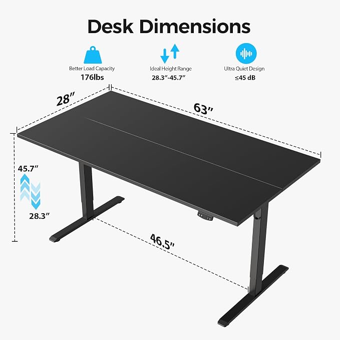 Agilestic 63 * 28 Inch Height Adjustable Electric Standing Desk, Black | Sit Stand Up Computer Desk, Extra Wide desktop, Memory Presets, Stable Steel Frame,154 lbs, Easy Assembly, Splice Board - Image 8