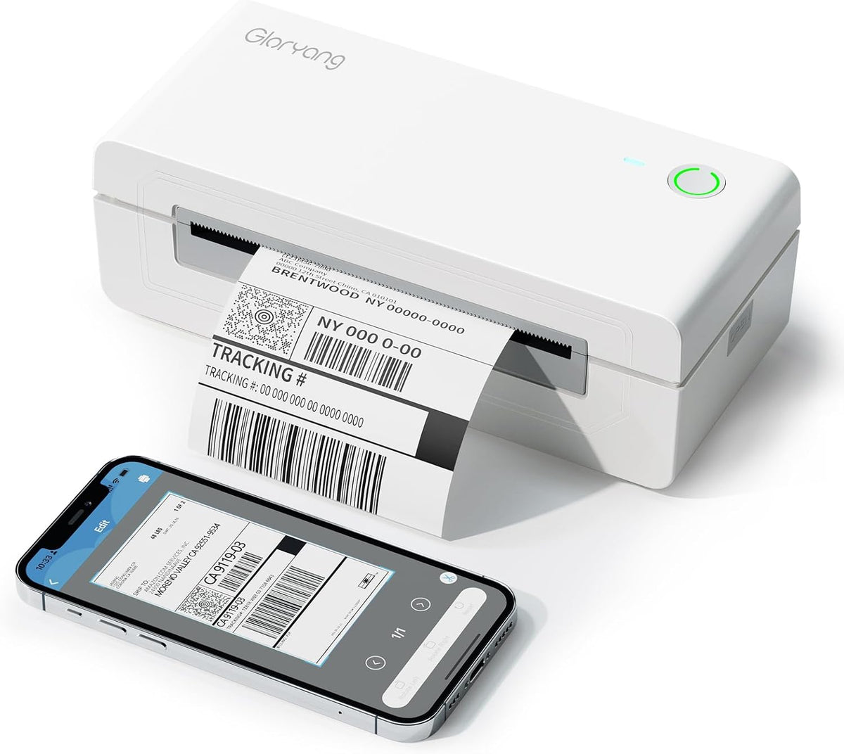 Gloryang Bluetooth Thermal Shipping Label Printer, 4X6 Inkless Label Machine for iOS, Android, Laptop, Wireless Printer for Small Business, Compatible with Amazon, UPS, Shopify, White by Gloryang