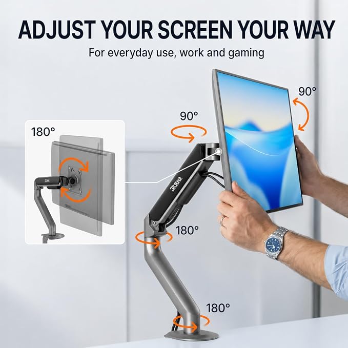 3IDEE FlexiLite Single Monitor Arm Desk Mount for 17-32" Screens, Holds up to 20 lbs, Slim Aluminium Design, Fully Adjustable & Flexible, Quick Box to Desk Setup, Clamp/Grommet Base, VESA 75/100 - Image 5