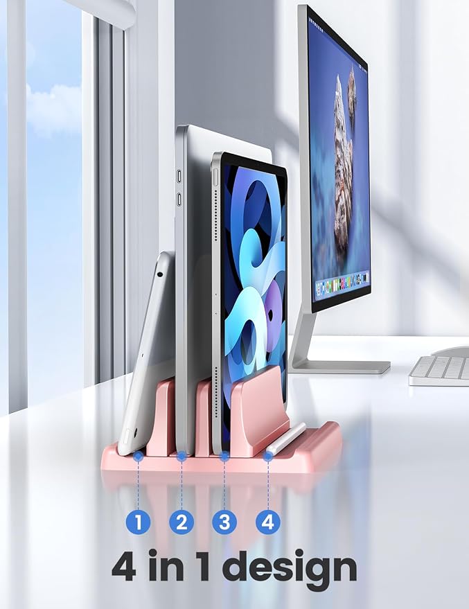 Vaydeer Vertical Laptop Stand for Desk, Dual Slots Plastic Laptop Holder with Space Saving 4-in-1 Design, Adjustable Laptop Stand Supports MacBook, Chromebook, Surface, Dell (Pink) - Image 2