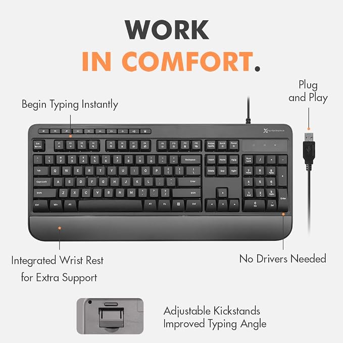 X9 Wired Ergonomic Keyboard - Comfortable Typing - Ergonomic Full Size USB Keyboard with Wrist Rest, Number Pad, Multimedia and 114 Keys - External Computer Keyboard for Laptop, Desktop and Office PC - Image 8
