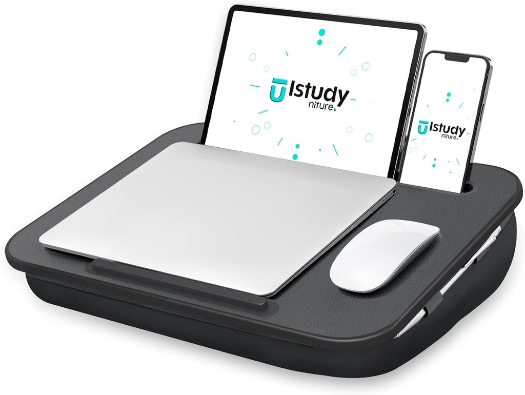 Istudyniture Lap Desk | Portable Laptop Desk & Stand – Fits Up to 15.6 inch – Washable Cushion, Built-in Phone Holder – for Bed, Couch, Sofa, Floor – Writing, Reading, Home Office – Small, Black by Istudyniture