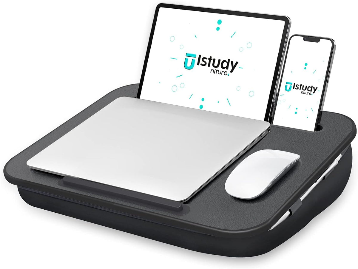 Istudyniture Lap Desk | Portable Laptop Desk & Stand – Fits Up to 15.6 inch – Washable Cushion, Built-in Phone Holder – for Bed, Couch, Sofa, Floor – Writing, Reading, Home Office – Small, Black by Istudyniture
