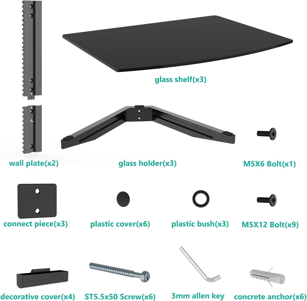 WALI 3 Tier Glass Floating TV Wall Shelf for Projector, DVD Players - Image 5